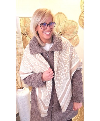 Écharpe Cachemire Beige Léopard Réversible