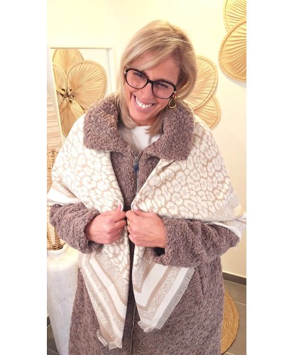 Écharpe Cachemire Beige Léopard Réversible