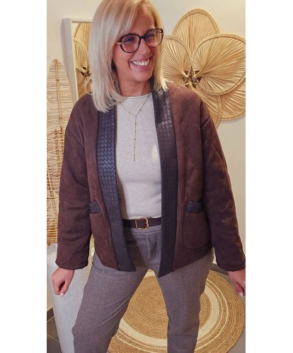 Veste Suédine Chocolat & Détails Tressés Noir Simili - Mila