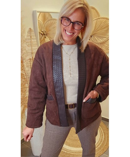 Veste Suédine Chocolat & Détails Tressés Noir Simili - Mila