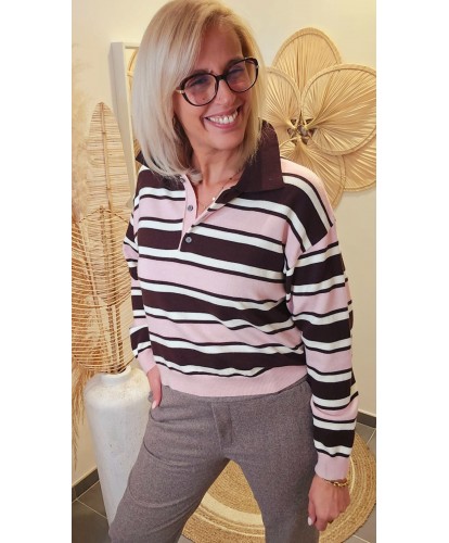 Pull Polo Rayures Rose & Chocolat - Maya