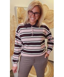 Pull Polo Rayures Rose & Chocolat - Maya