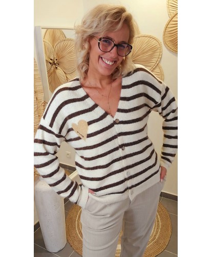 Gilet Rayé Ecru & Chocolat Cœur Doré - Lola