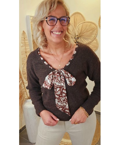 Pull Chocolat Col Bijou & Nœud Imprimé - Margaux