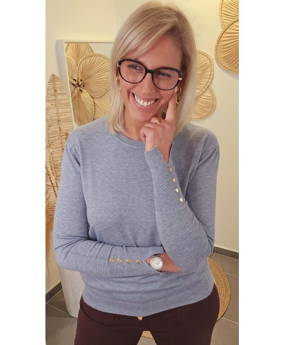 Pull Élégance Gris & Boutons Dorés - Myriam
