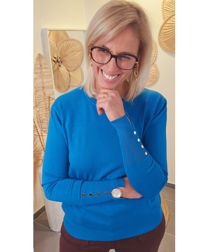 Pull Élégance Bleu Bic & Boutons Dorés - Myriam