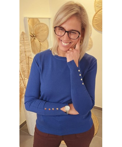 Pull Élégance Bleu Marine & Boutons Dorés - Myriam