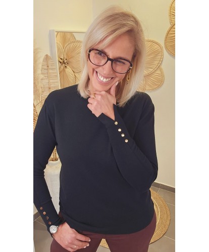 Pull Élégance Noir & Boutons Dorés - Myriam