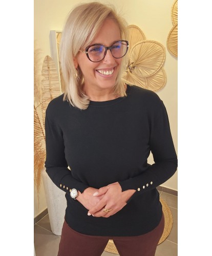 Pull Élégance Noir & Boutons Dorés - Myriam
