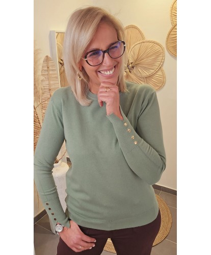 Pull Élégance Kaki & Boutons Dorés - Myriam