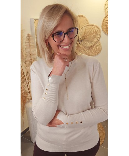 Pull Élégance Beige & Boutons Dorés - Myriam