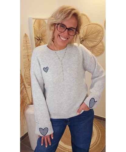 Pull Doux Gris Cœurs Vichy Bleu - Leonie