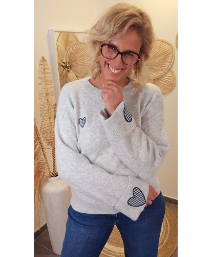 Pull Doux Gris Cœurs Vichy Bleu - Leonie