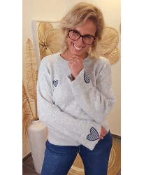 Pull Doux Gris Cœurs Vichy Bleu - Leonie