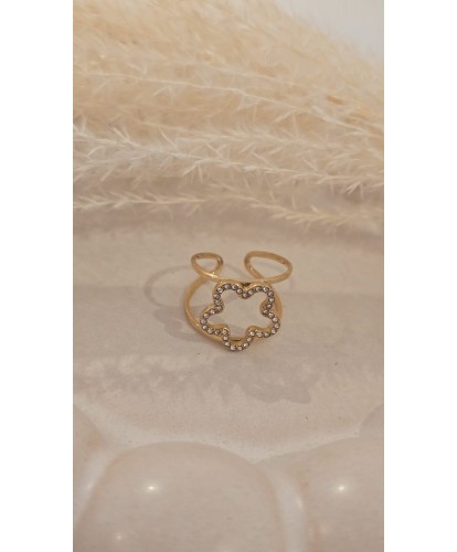 Bague Acier Amovible Dorée "Fleur Strassée"