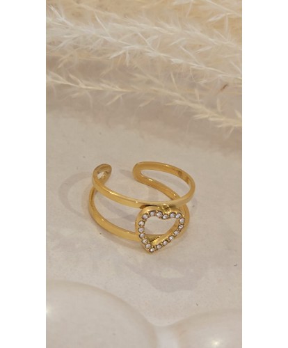 Bague Acier Amovible Dorée "Cœur Strassé"