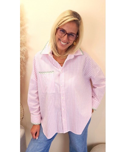 Chemise Rose Rayée & Broderie Choco - Rosalie