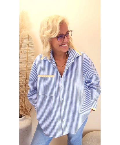 Chemise Bleu Rayée & Broderie Jaune - Rosalie