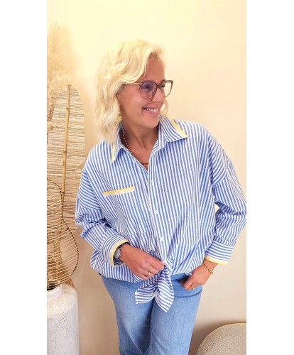 Chemise Bleu Rayée & Broderie Jaune - Rosalie