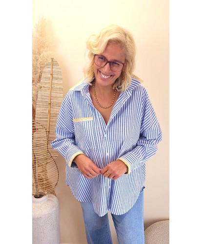 Chemise Bleu Rayée & Broderie Jaune - Rosalie