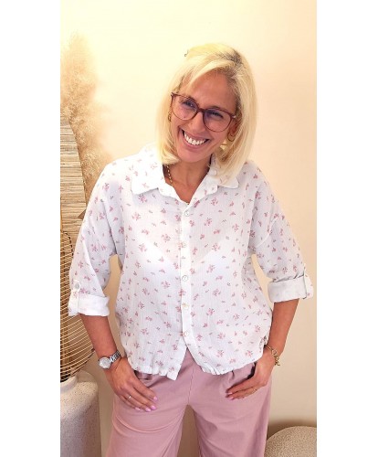 Chemise Blanche en Gaz de Coton Fleurie - Salome