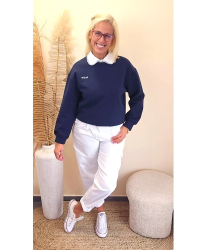 Pull Bleu Marine/Col Amovible Élégance Couture - Sophie