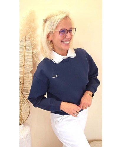 Pull Bleu Marine/Col Amovible Élégance Couture - Sophie