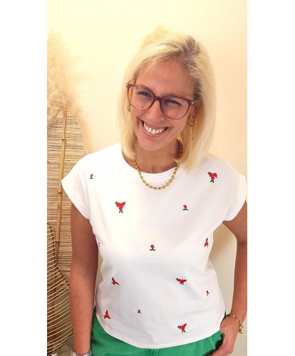 T-shirt Loose Broderies Fleuries Rouge - Naomi