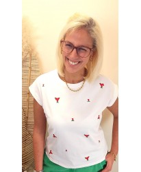 T-shirt Loose Broderies Fleuries Rouge - Naomi