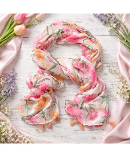 Foulard Viscose Douceur Florale Pompons
