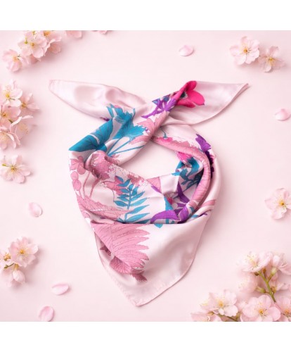 Foulard Satiné Floral Rose & Bleu