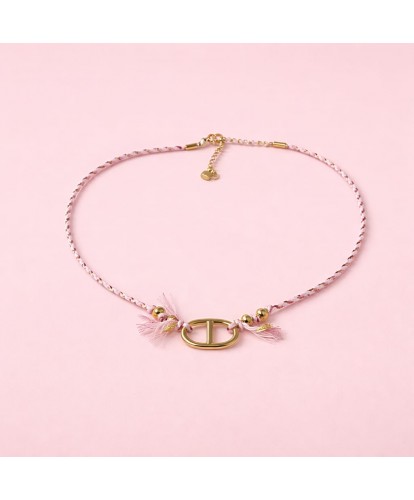 Collier Acier Cordon Rose & Détail Doré