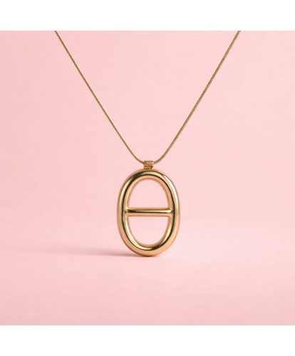 Sautoir Acier Pendentif Ovale Graphique