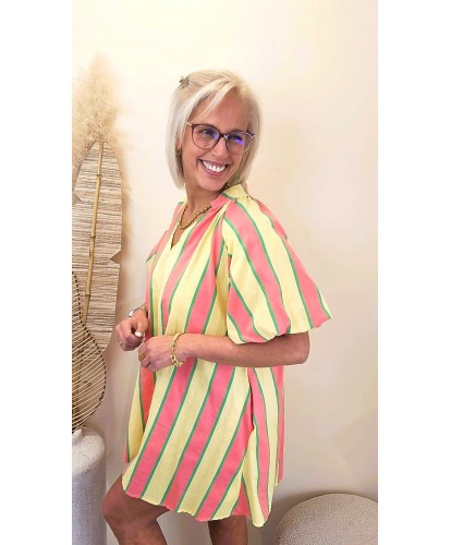 Robe Rayures Summer Pop Jaune & Corail - Rose