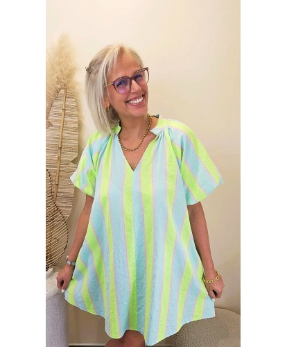 Robe Rayures Summer Pop Vert & Bleu Pastel - Rose