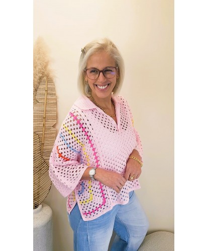 Pull Crochet Rose Rainbow Bohème - Roxane