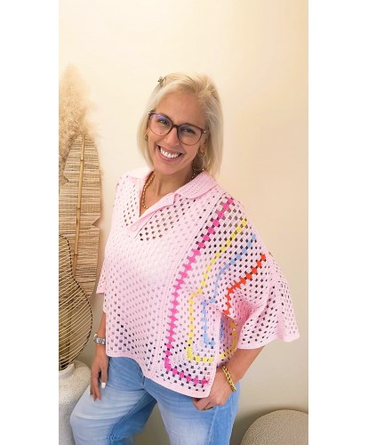 Pull Crochet Rose Rainbow Bohème - Roxane