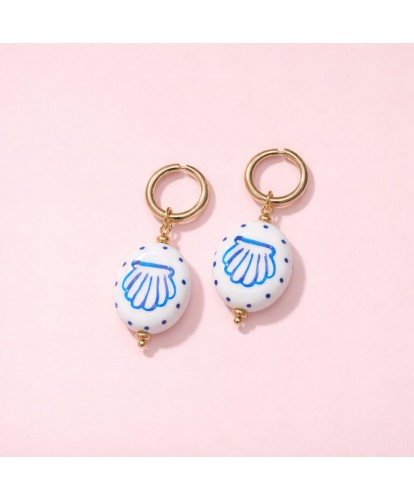 Boucles d’Oreilles Acier - Céramique "Coquillage Azur"