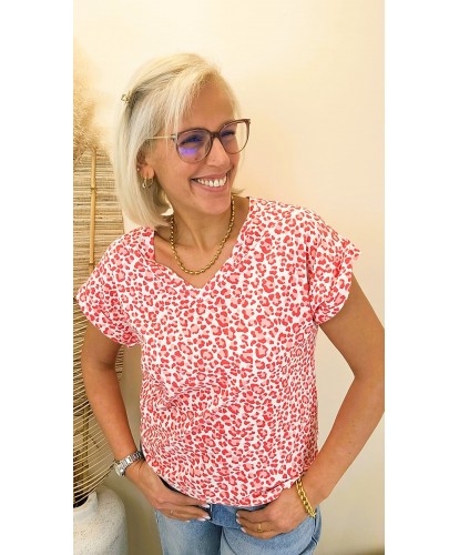 T-Shirt Rouge Imprimé Léopard - Justine