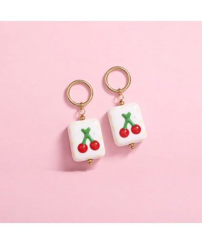 Boucles d’Oreilles Acier - Céramique "Recto-Verso Cherry Flower"