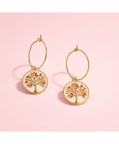 Boucles d’Oreilles Acier Arbre de Vie Rouge