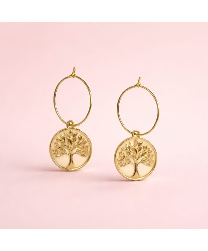 Boucles d’Oreilles Acier Arbre de Vie Doré
