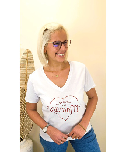T-Shirt Col V Cœur “La Plus Belle des Mamans” - Celeste