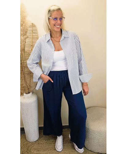 Pantalon Gaz de Coton Bleu Océan - Estelle