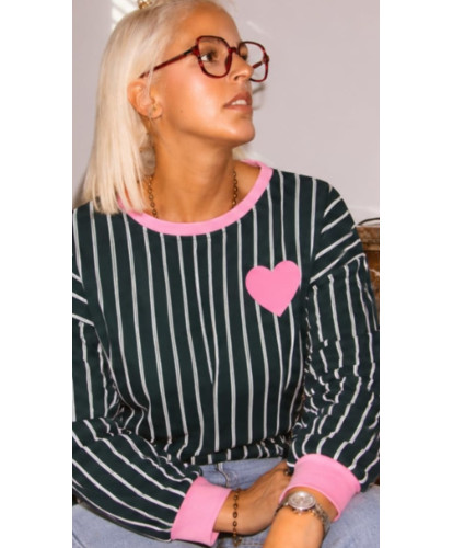Pull Marinière Love Signature Vert & Rose - Elisa