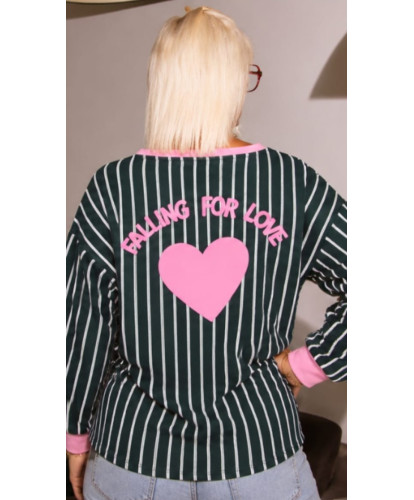 Pull Marinière Love Signature Vert & Rose - Elisa
