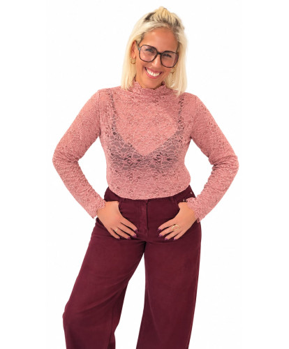 Top Dentelle Fleurie Velours Rose - Lou