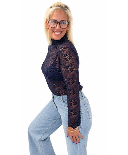 Top Dentelle Fleurie Velours Bleu - Lou