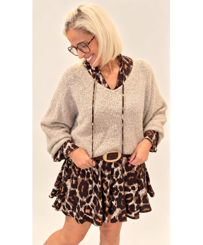 Pull Fluffy Col V Beige -...