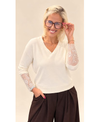 Pull Maille Fine Dentelle Écru - Tess